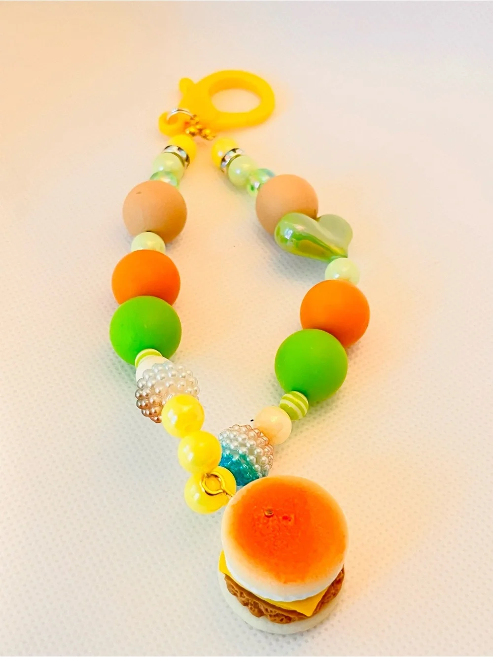 Beaded Phone/key Chain with Mini Breakfast sandwich Charm - Kawaii